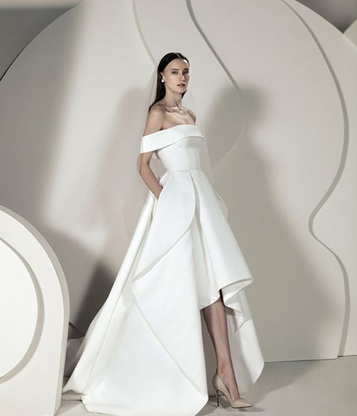 

2021 new high/low soft satin wedding gowns elegant off the shoulder bride vestido de noiva sereia mtfz, White
