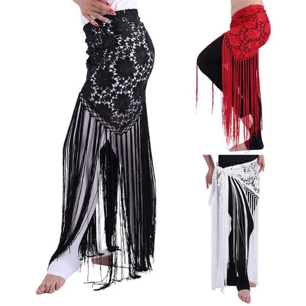 

stage wear women belly dance hollow out crochet hip scarf long fringe tassels triangle shawl waist belt beach wrap skirt cover up, Black;red