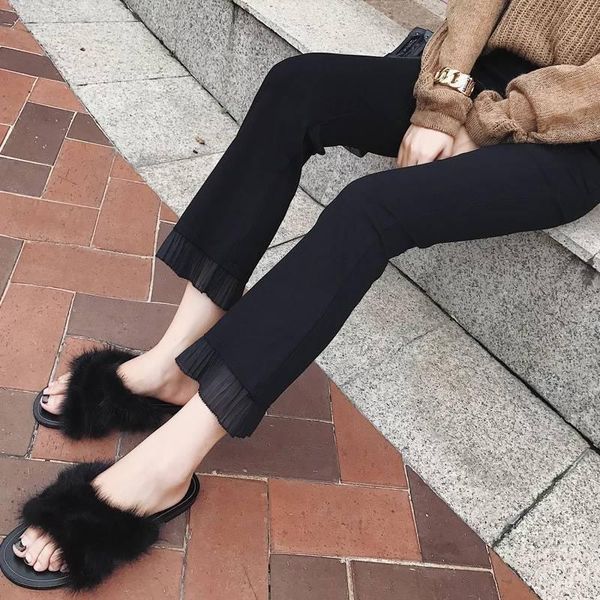 

women's jeans bottomed pants female 2021 spring korean version student nine points chic style lace thin high waist black devil, Blue