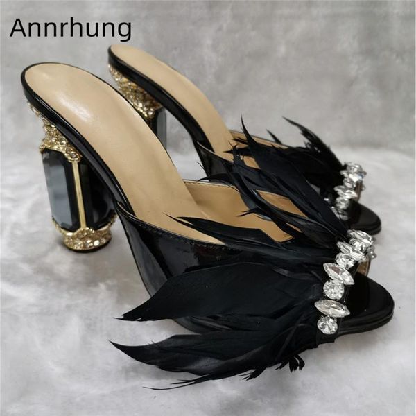 

slippers fairy style feather high heel runway shoes woman jeweled diamond open toe black patent leather women