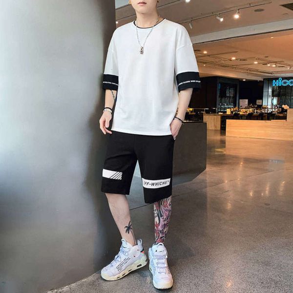 

t-shirt sleeve summer korean fashion neck round 2021 five point short men's sports casual suit, Gray