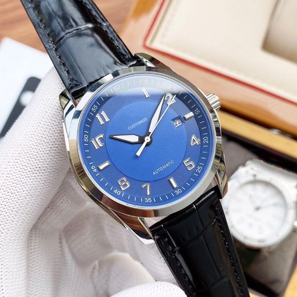 

wristwatches business men automatic mechanical watches stainless steel geometric number date wristwatch male silver blue dial 40mm, Slivery;brown