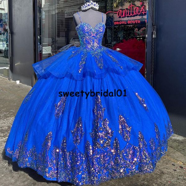 

2021 vestidos de 15 aÃ±os ball prom gowns spaghetti staps royal blue sequins quinceanera party gowns sweet 16 dress, Blue;red