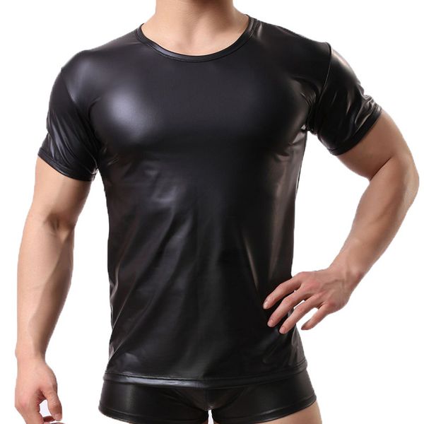 

mens t-shirts pu leather shorts sleeve tee fitness shapers gay t shirt stage show party undershirts casual streetwear, White;black