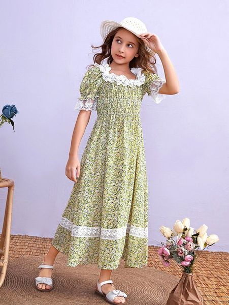 

girls ditsy floral lace trim shirred puff sleeve dress she, Red;yellow