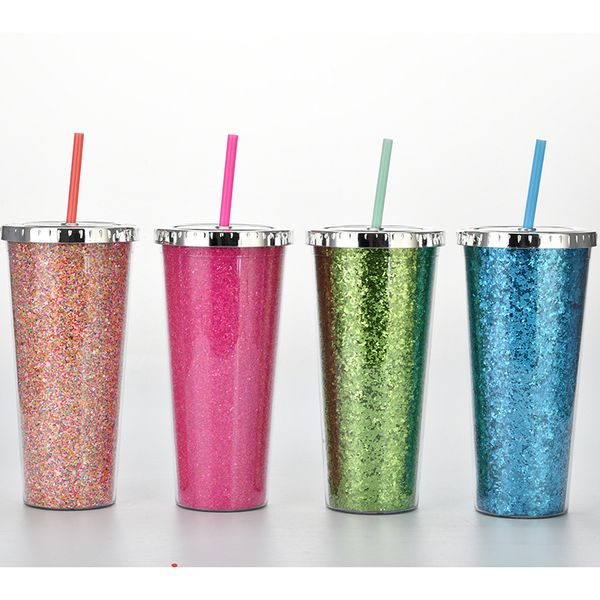 

24oz trendy glitter straight large capacity double layer plastic straw cup handy cups candy color water cup sippy cups h380wlj