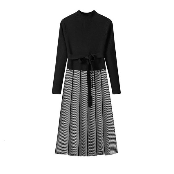 

2021 new autumn winter long sleeve office lady casual midi knitted women sweater pleated female 95ey, Black;gray