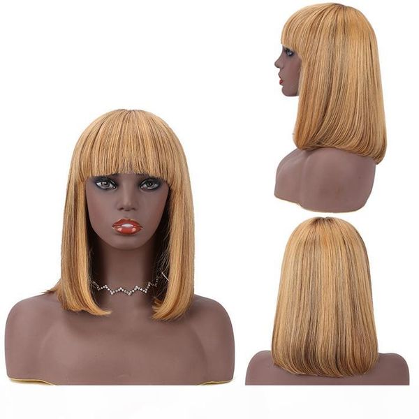 

colored 4 27 glueless bob wig peruvian straight pixie cut human hair non lace wig with bang for black women highlight brown blonde short wig, Black;brown