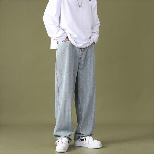 

korean wide leg jeans men's fashion casual striped jeans men streetwear loose hip-hop straight denim trousers mens -2xl, Blue