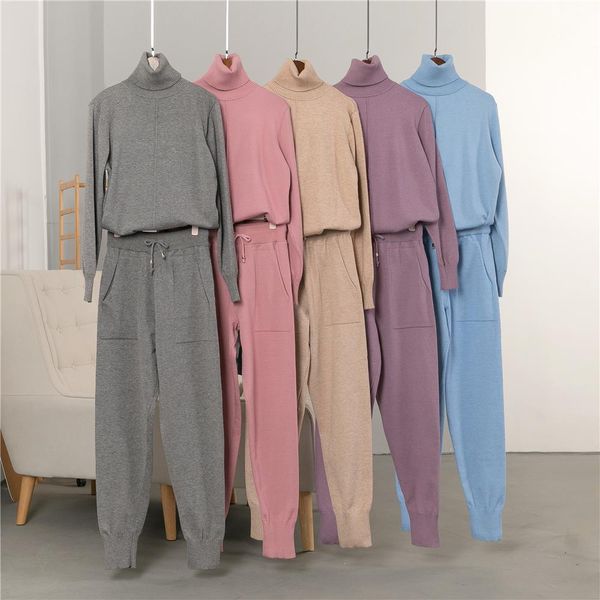 

tracksuit for women 2021 new turtleneck sweatshirt and pants two piece set casual knitted trousers+jumper suit 2 piece set, Gray