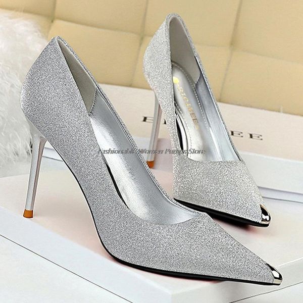 

dress shoes women's pumps female steel pointed toe high heels party ladies elegant sequined for women, Black