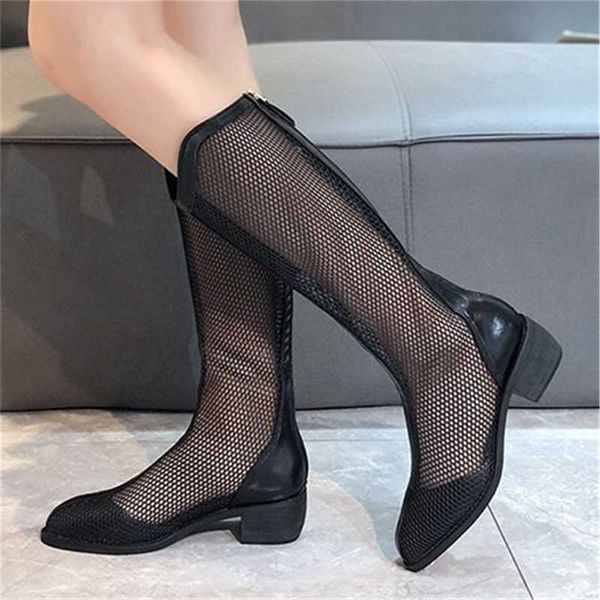 

knee high boots women gladiator mesh pointed toe zipper shoes footwear 2021 new spring summer fashion female long boots, Black