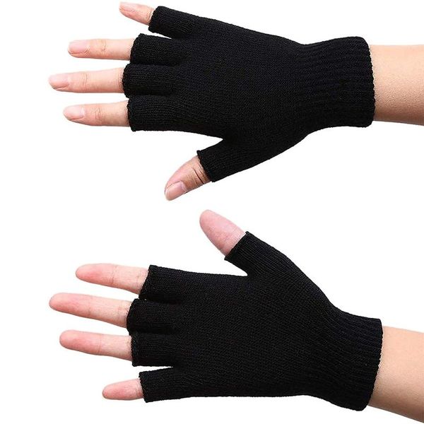 

cycling gloves warm winter half finger solid color cold resistant knitted open elastic, Black