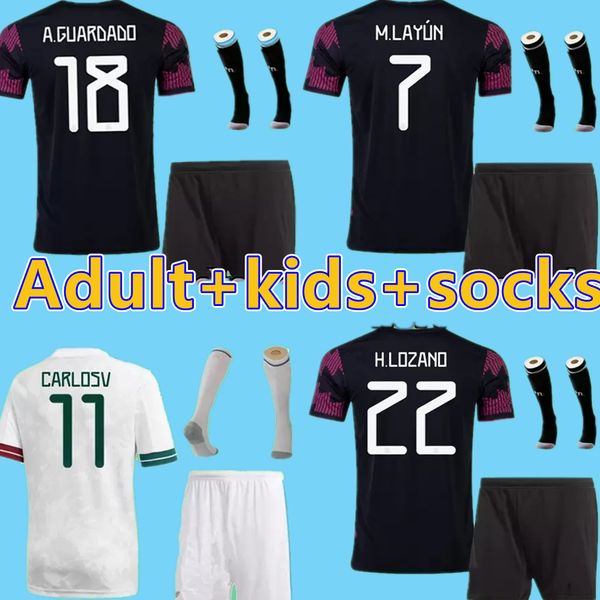 

2021 mexico men + kids soccer jersey shorts socks full uniform 20 21 camisetas de futbol mexique chicharito lozano carlos vela raul tecatito, Black;yellow