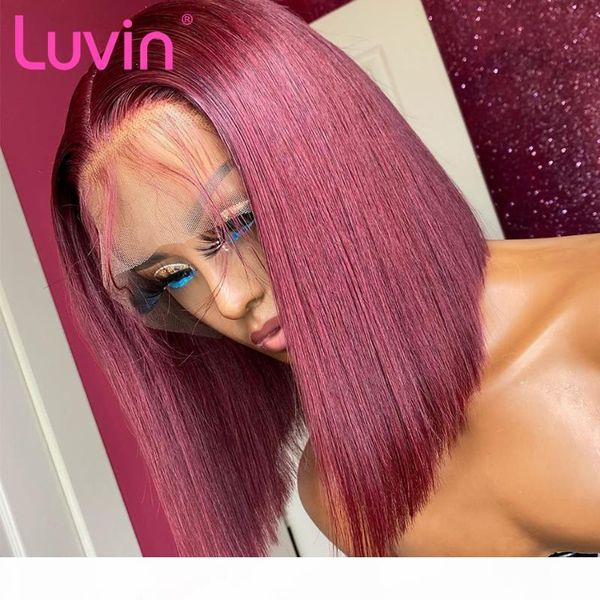 

luvin 99j burgundy short bob wig 13x4 hd transparent lace front human hair wigs straight brazilian colored frontal wig black, Black;brown