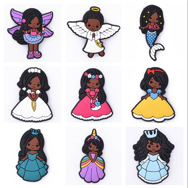 

black girl princess theme soft pvc shoes accessories black angel and mermaid charms, White;pink
