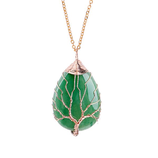 

women pendant tree of life necklace natural stone pendants gold color wire wrap gem pink quartz tiger eye green suspension, Silver