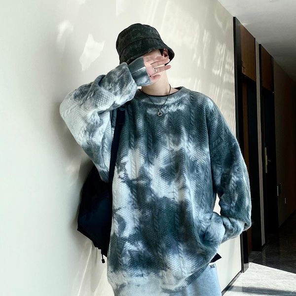

men's sweaters winter tie-dye sweater men warmth fashion printing casual knitted pullover loose long-sleeved mens jumper clothes, White;black