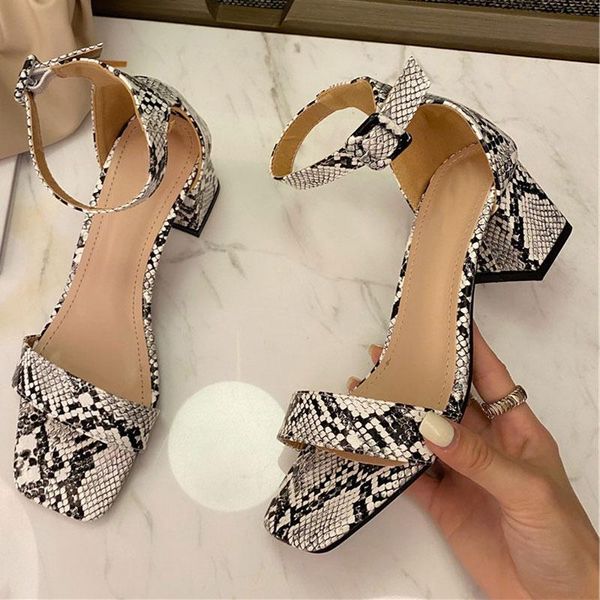 

dress shoes 2021 summer fashion snake print women gladiator sandals ladies open toe square high heel ankle buckle strap, Black