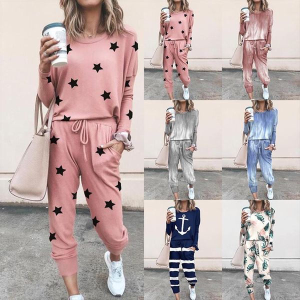 

homewear loose printed long sleeved womens pants 2 piece set leisure suit sportswear women pajamas sets, White