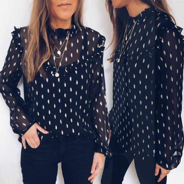 

women's blouses & shirts spring summer women chiffon printed long sleeve ladies ruffle blouse casual loose fashion shirt pullover, White