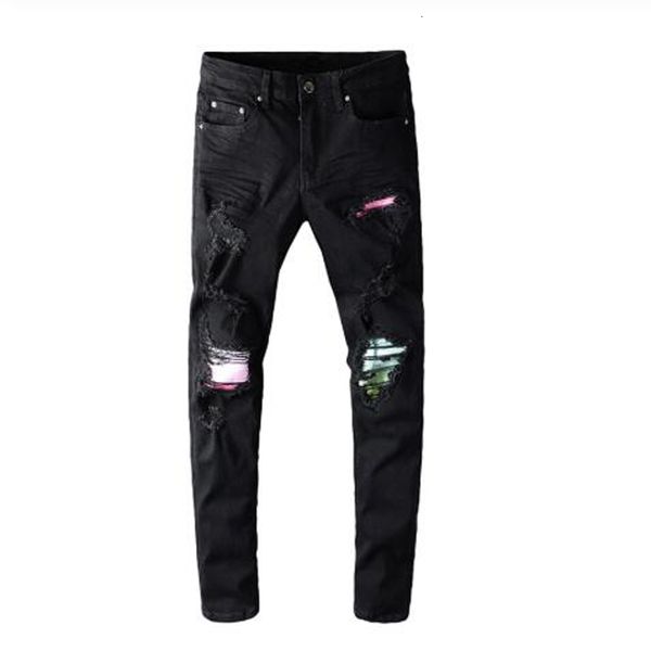 

new men's colorful fashions plied black streetwear thin ripped stretch jeans pants mf6k, Blue