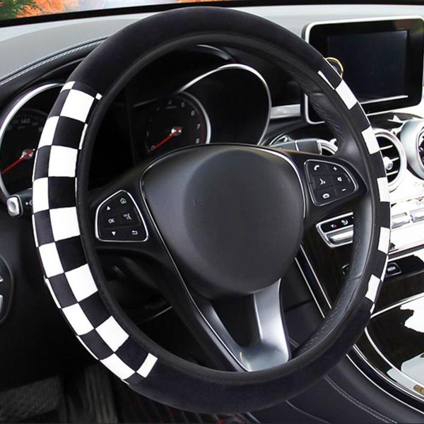 

steering wheel covers black & white checkered cover plush elastic car without inner ring accessories universal