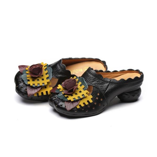 

slippers genuine leather summer shoes women half-slipper mules thick heel 2021 female casaul slip on slides, Black