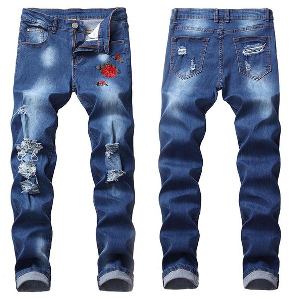 

men's jeans pants biker high street destroy slim ripped denim pencil, Blue