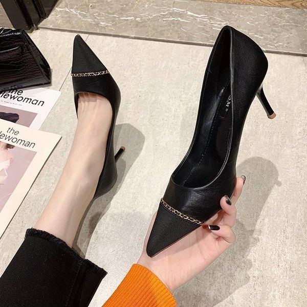 

dress shoes 6.5cm high heeled spring and summer 2021 pointed casual fashion single women's thin heel shallow mouth, Black