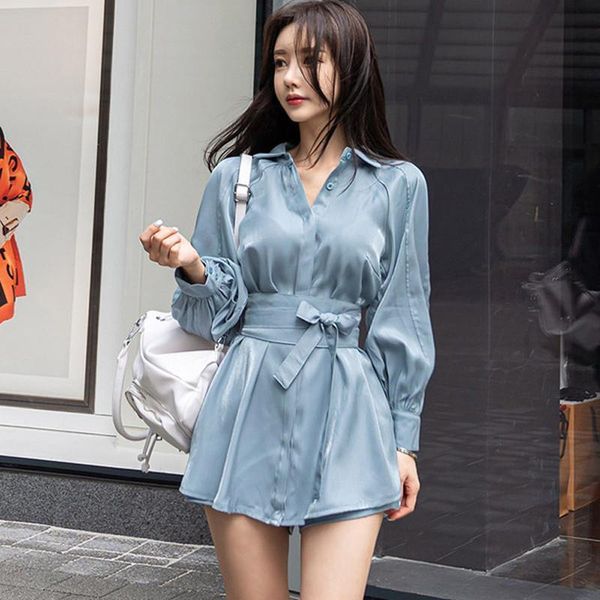 

summer women's fashion two-piece lantern sleeves turn-down collar bow lace-up long shirt + short pant two-piece set, Gray