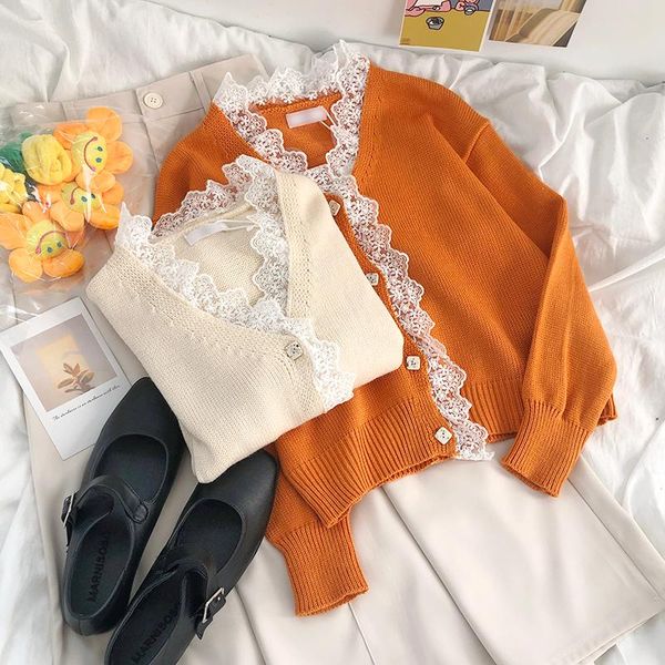 

lace patchwork casual vintage kintting cardigan women korean style v neck streetwear button solid sweater chic, White