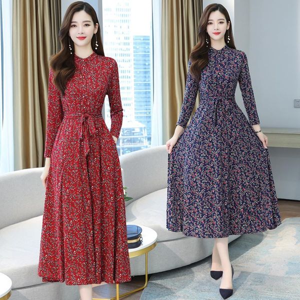 

casual dresses 2021 vintage female print midi autumn winter 4xl plus size floral long sleeve dress elegant women bodycon party vestidos, Black;gray