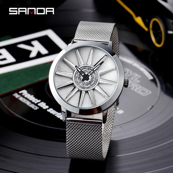 

wristwatches sanda brand fashion men's watch car wheel 360 degree rotating mesh belt sports quartz 30m waterproof relogio masculino1032, Slivery;brown