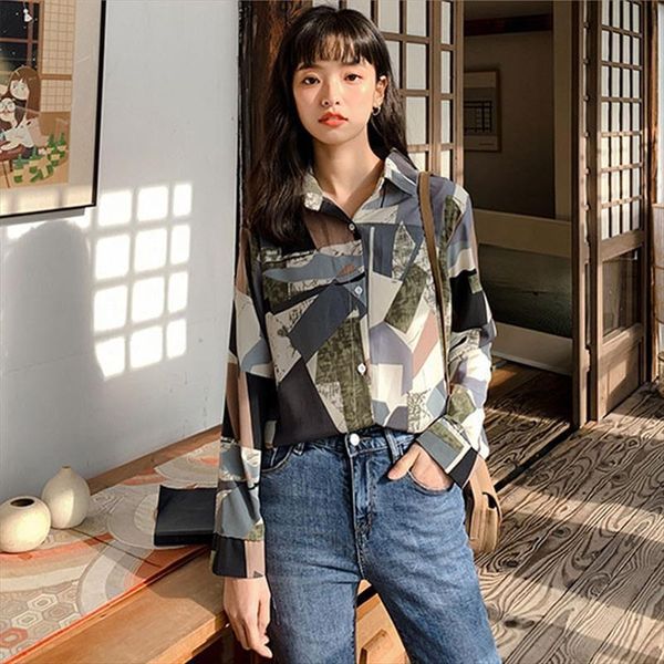 

retro geometric print fashion womens shirts long sleeve loose office, White