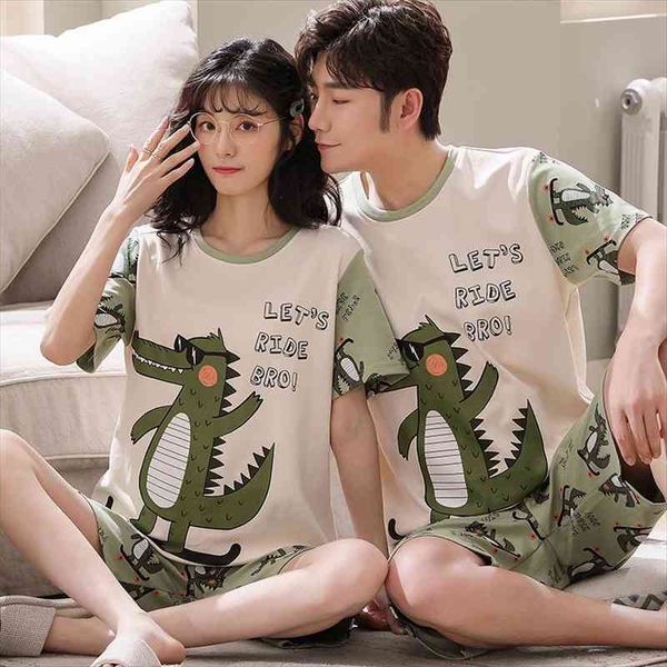 

fashion green patchwork summer womens sleepwears couple pijamas set cotton plus size homewear short cartoon little dinosaur cute women sleep, Black;red