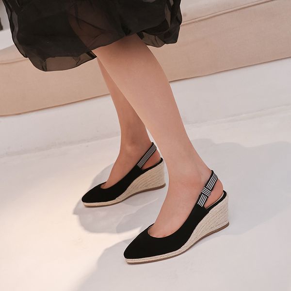 

womens natural suede leather wedge slip-on pumps med heel comfortable slingabck slip-on spring new hemp casual dress shoes sale, Black