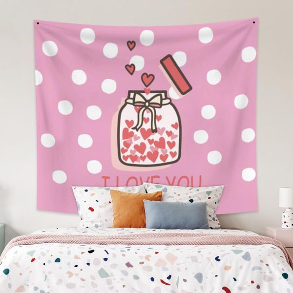 

tapestries laeacco fashion tapestry pink background cartoon small bottle love heart printing wall hangings home living room decor polyester