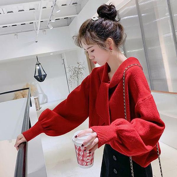 

women's sweaters red lapel sweet loose blouse female autumn 2021 korean version lazy wind knitting sweater fashion, White;black