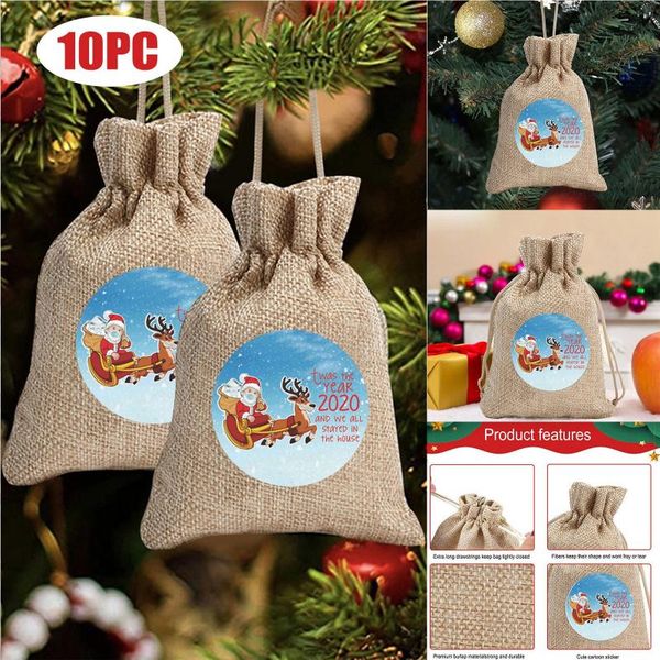 

storage bags 10pcs christmas printed linen gift bag santa backpack candy apple xmas tree bell decorations drawstring