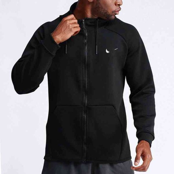 

designer luxury nk classic tech fleece sports casual coat fitness quick drying hooded zipper cardigan sports coat men's coat, Black