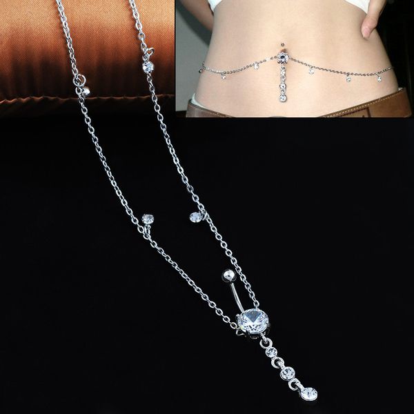 Rhinestone Dangle Botão Botão Anel com Cadeia Cadeia Gota Pingente Umbigo Piercing Body Jóias