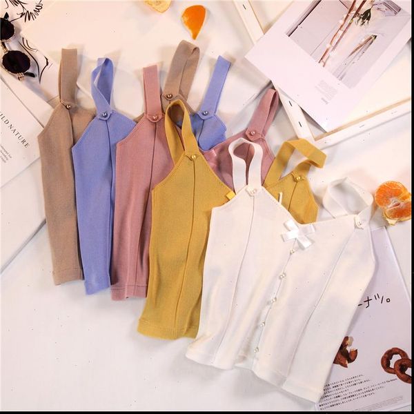

women v neck lace up buttons cropped camis girls knitted stretchy sleeveless sweater tee shirts tank crop female, White