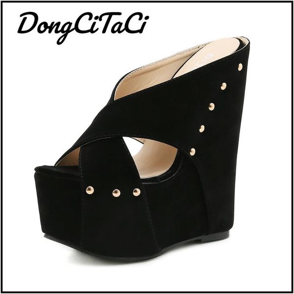 

dress shoes dongcitaci summer women sandals peep toe rivet platform wedges fashion high heels ladies female 35-42, Black