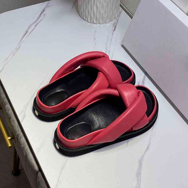 

70% off wholesale flip-flops luxury comfortable soft leather woman slipper open toe muffine shoes concise platform cross weave bread flat sa, Black