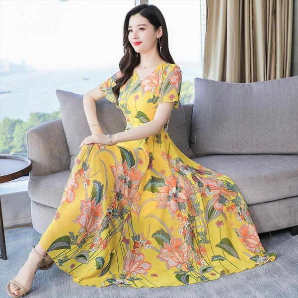 

summe dress vintage floral chiffon womens camis long plus size boho dresses elegant short sleeve party women vestidos j30, White