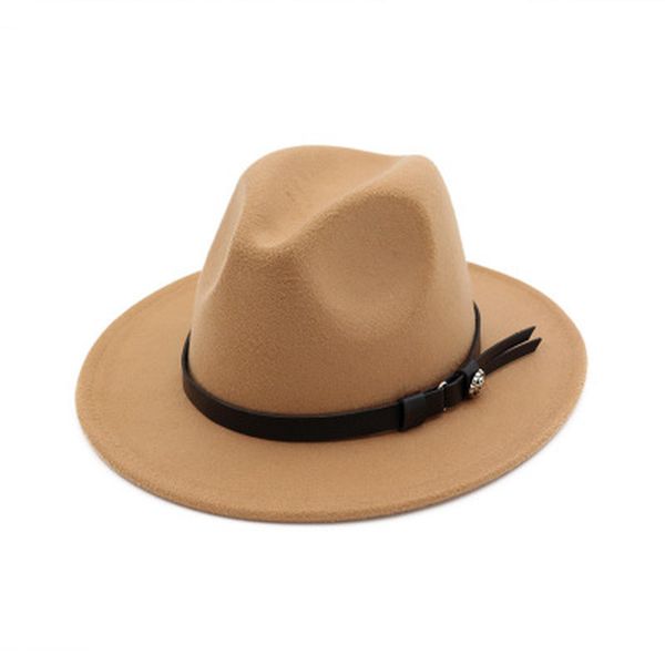 

2021 felted with belt band buckle new women solid wide brim hip hop luxury fascinator black white winter hats d2wr, Blue;gray