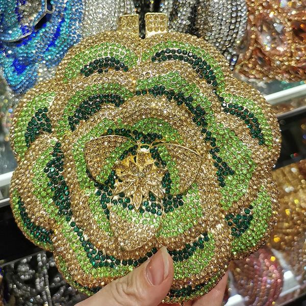 

2021 new arrival green color women's evening clutches purses flower shape gold metal ladies bridal clutch handbag