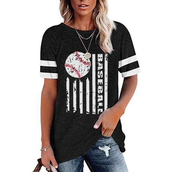 

women's t-shirt yiciya striped round neck baseball print short sleeve female tshirt women 2021 blouses oversized t shirt, White