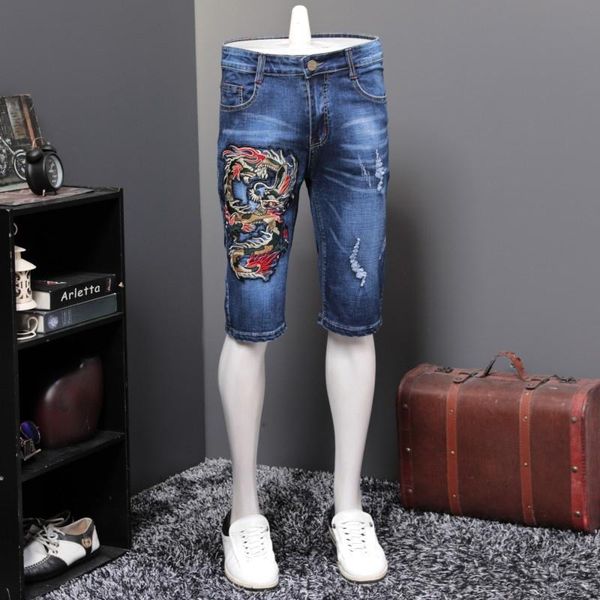 

men's jeans summer dragon embroidery mens straight knee length denim pants fashion lighweight elastic hole ripped slim fit plus size, Blue
